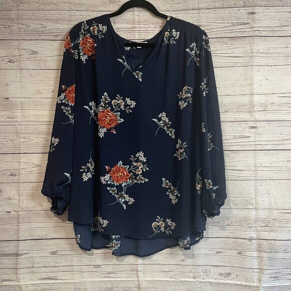 Fun2Fun Tops - Fun2Fun Business Casual Blouse, Navy Blue Floral Print, Size 2XL